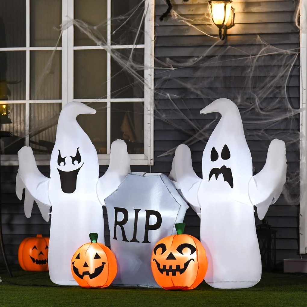HOMCOM Fantasmas Infláveis de Halloween com Luzes LED Decoração Inflável com Abóbora e Lápida para Interior Exterior 182x57x122cm Multicor