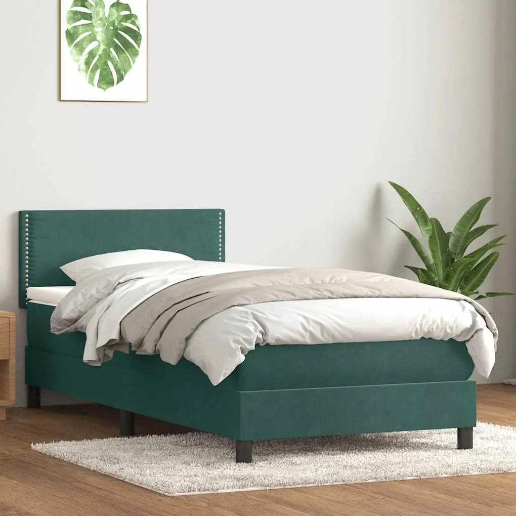 vidaXL Cama com molas/colchão 100x210 cm veludo verde-escuro