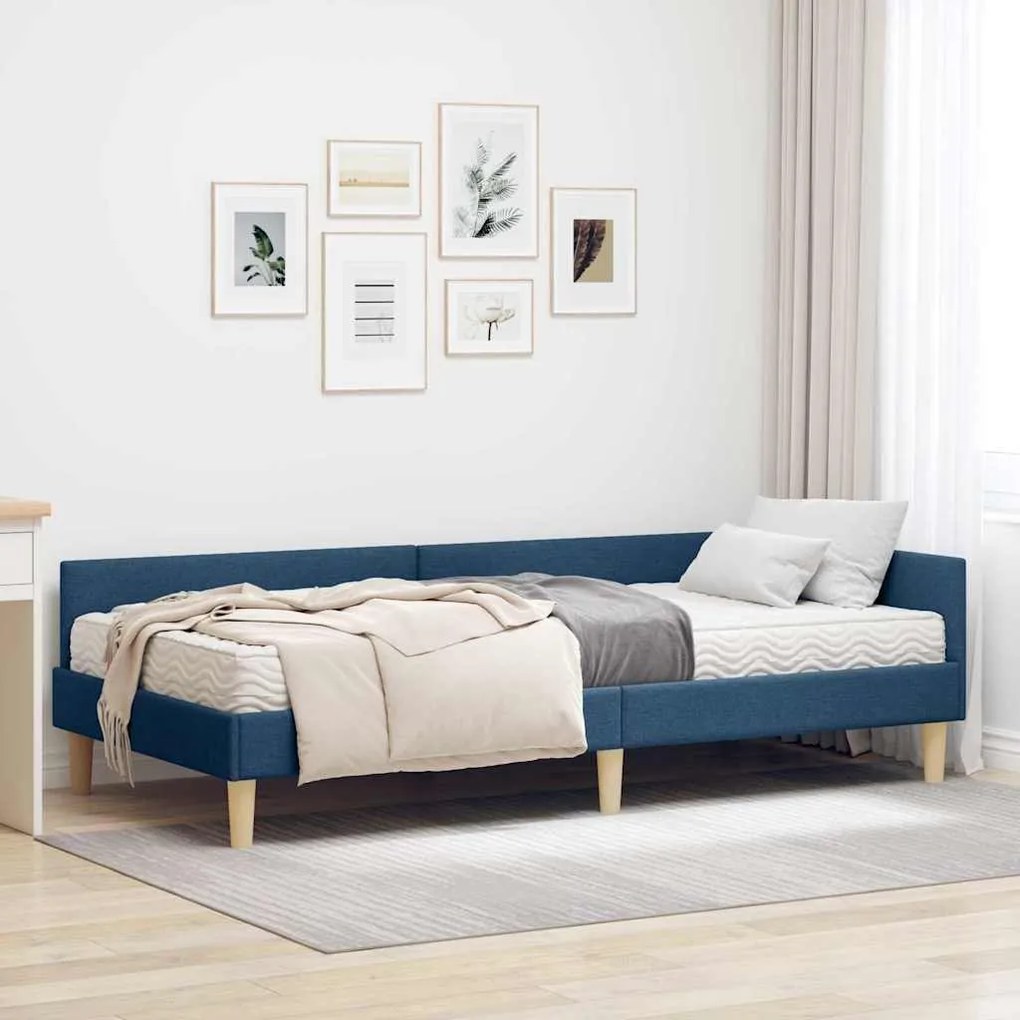vidaXL Estrutura de Cama de Canto com Colchão 2 pcs Azul tecido