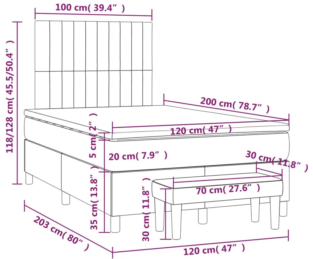 Cama boxspring com colchão 120x200 cm veludo rosa