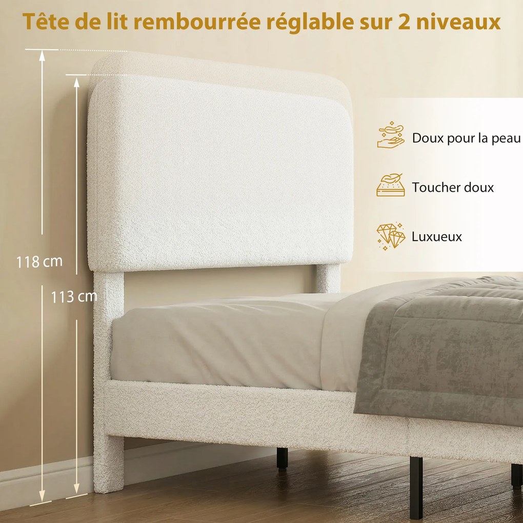 Estrutura de cama 140 x 190 cm com base de cama (COLCHÃO NÃO INCLUIDO), cabeceira ajustável, cama de casal estofada em veludo Teddy, ripas de metal, b
