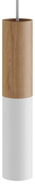 Luminária pendente completa com cabo têxtil e abajur dupla em madeira e metal Tub-E14 - Natura - Branco Mate Sim