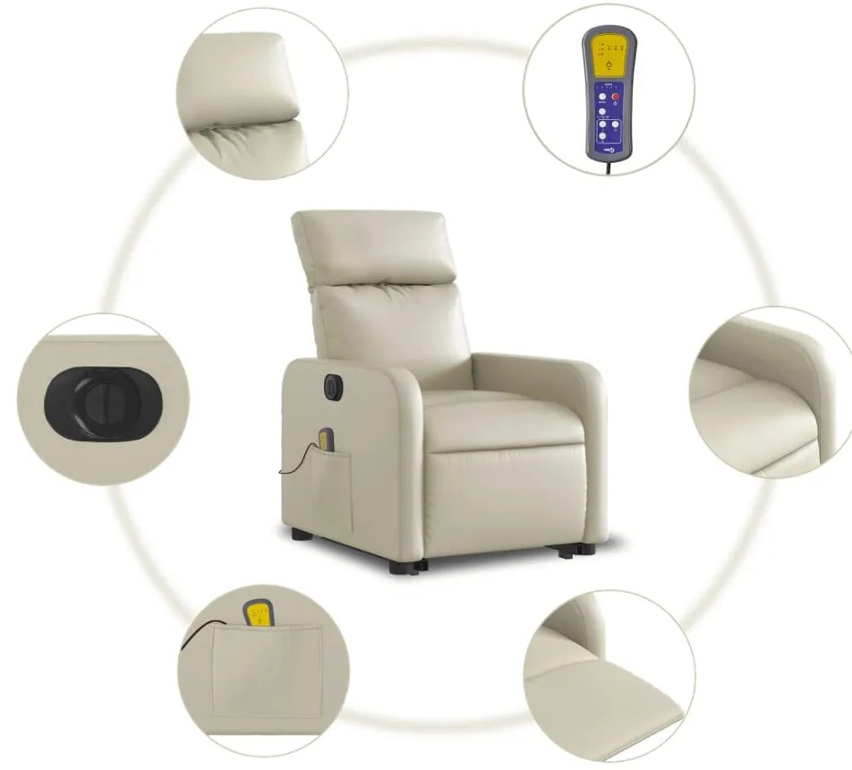 Poltrona reclinável elevatória elétrica couro artificial creme