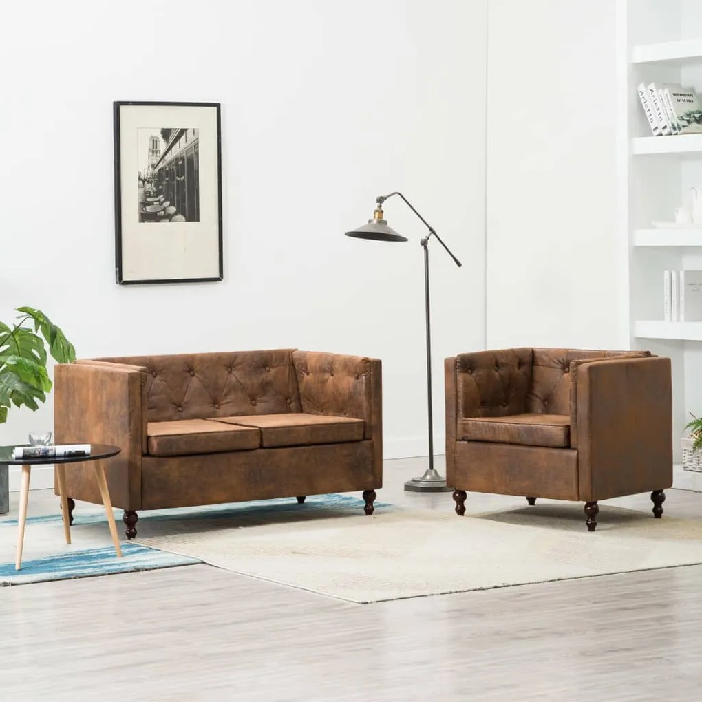 vidaXL Conj. sofás chesterfield 2 pcs estofos tecido camurça castanho