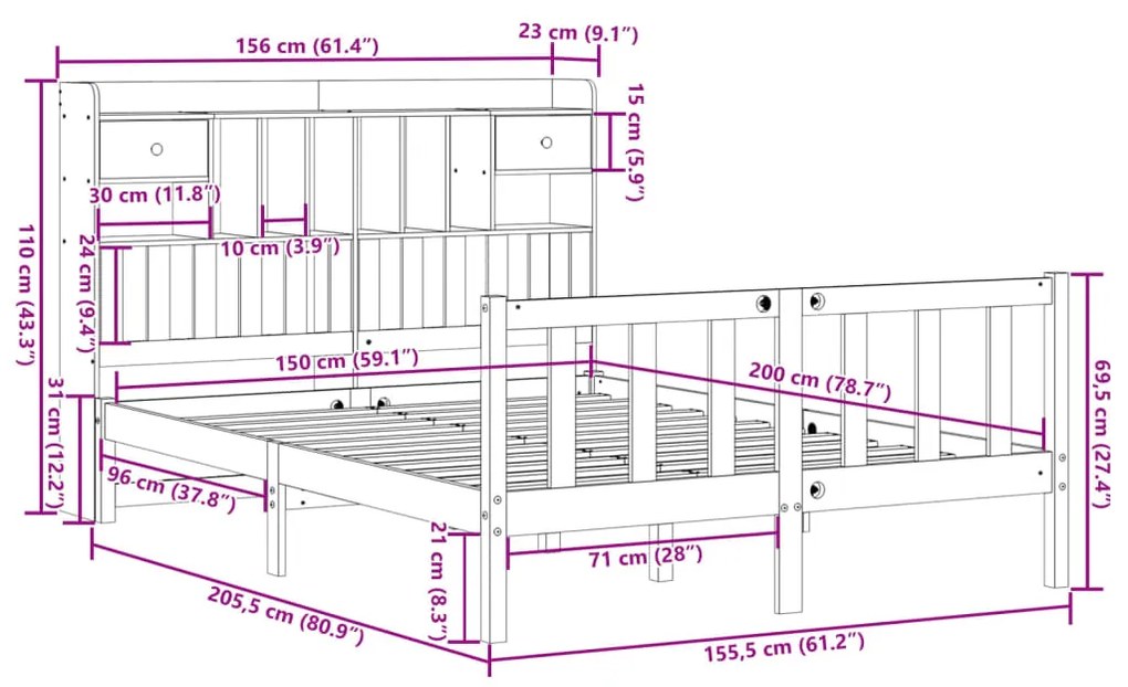 Cama com estante sem colchão 150x200 cm pinho maciço branco