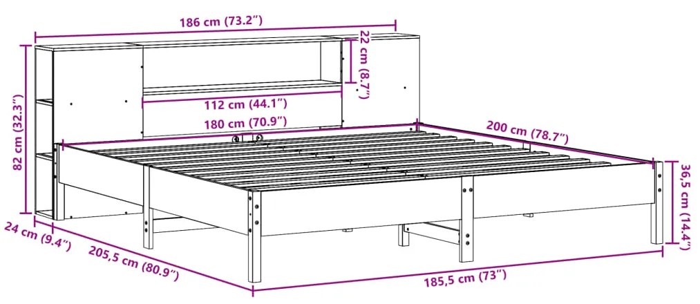 Cama com estante sem colchão 180x200 cm pinho maciço branco