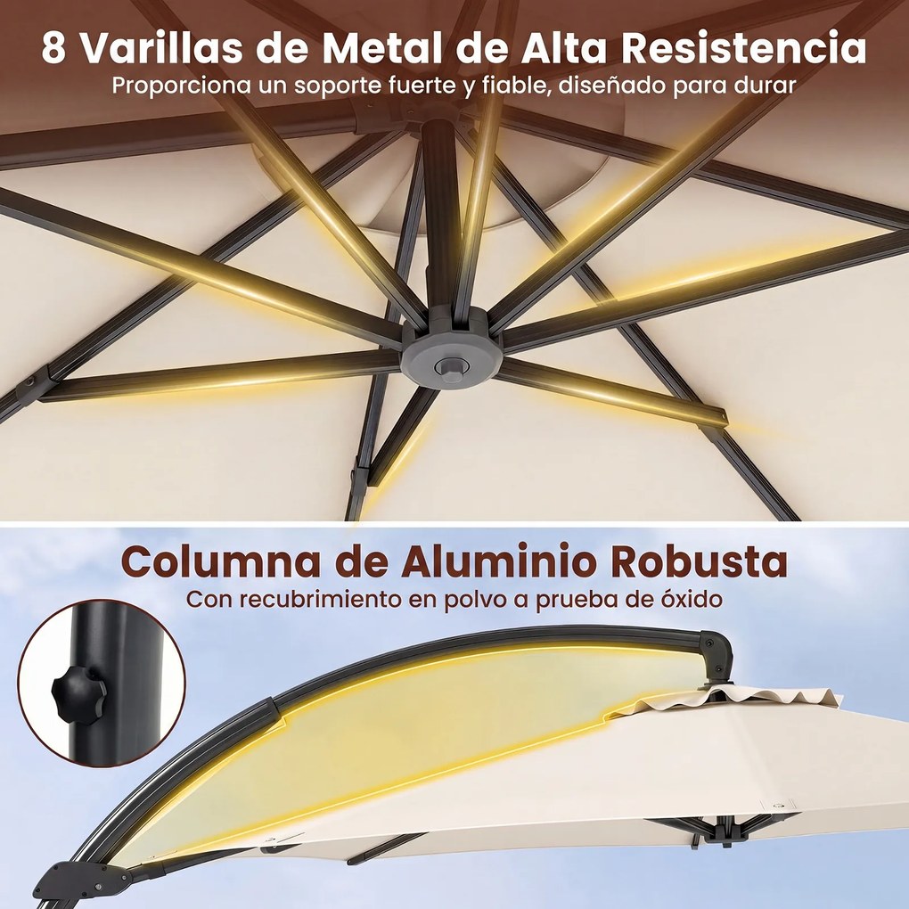 Guarda sol com Base Suspensa, 345 x 345 x 300 cm, Rotação de 360°, Bege