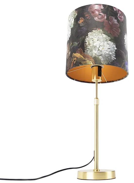 Candeeiro de mesa dourado/latão com abajur de veludo flores 25 cm - Parte Clássico / Antigo