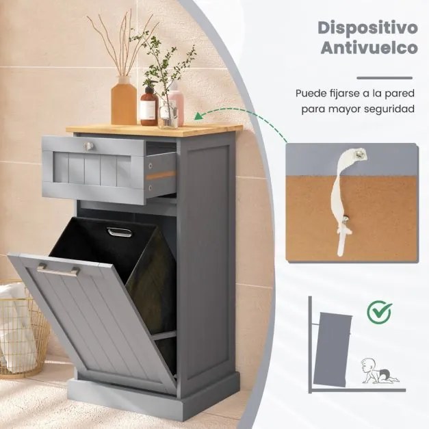 Armário para roupa suja com cesto para roupa suja e gaveta Lavandaria para casa de banho 40 x 37 x 82 cm Cinzento