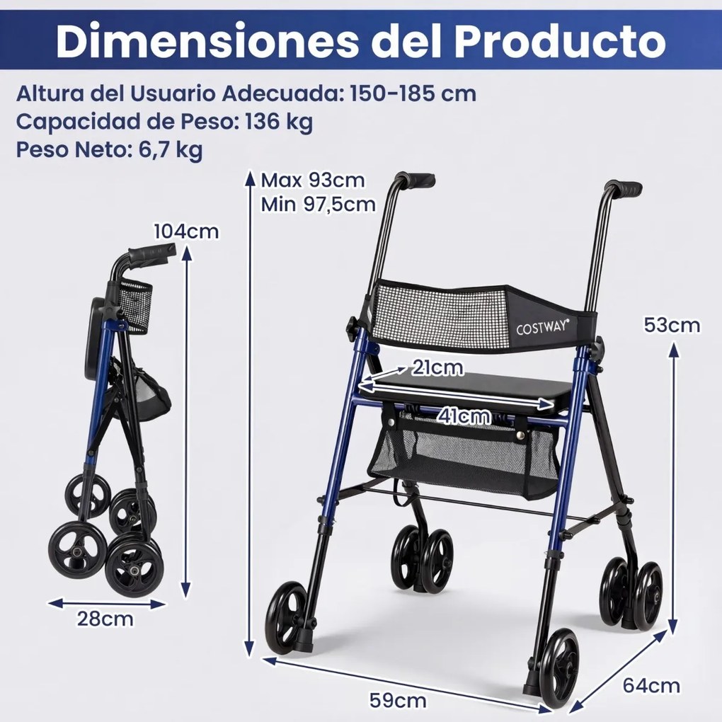 Andador para idosos com assento, pegas ajustáveis em 8 níveis, encosto em malha, bolsa de arrumação e rodas, preto + azul