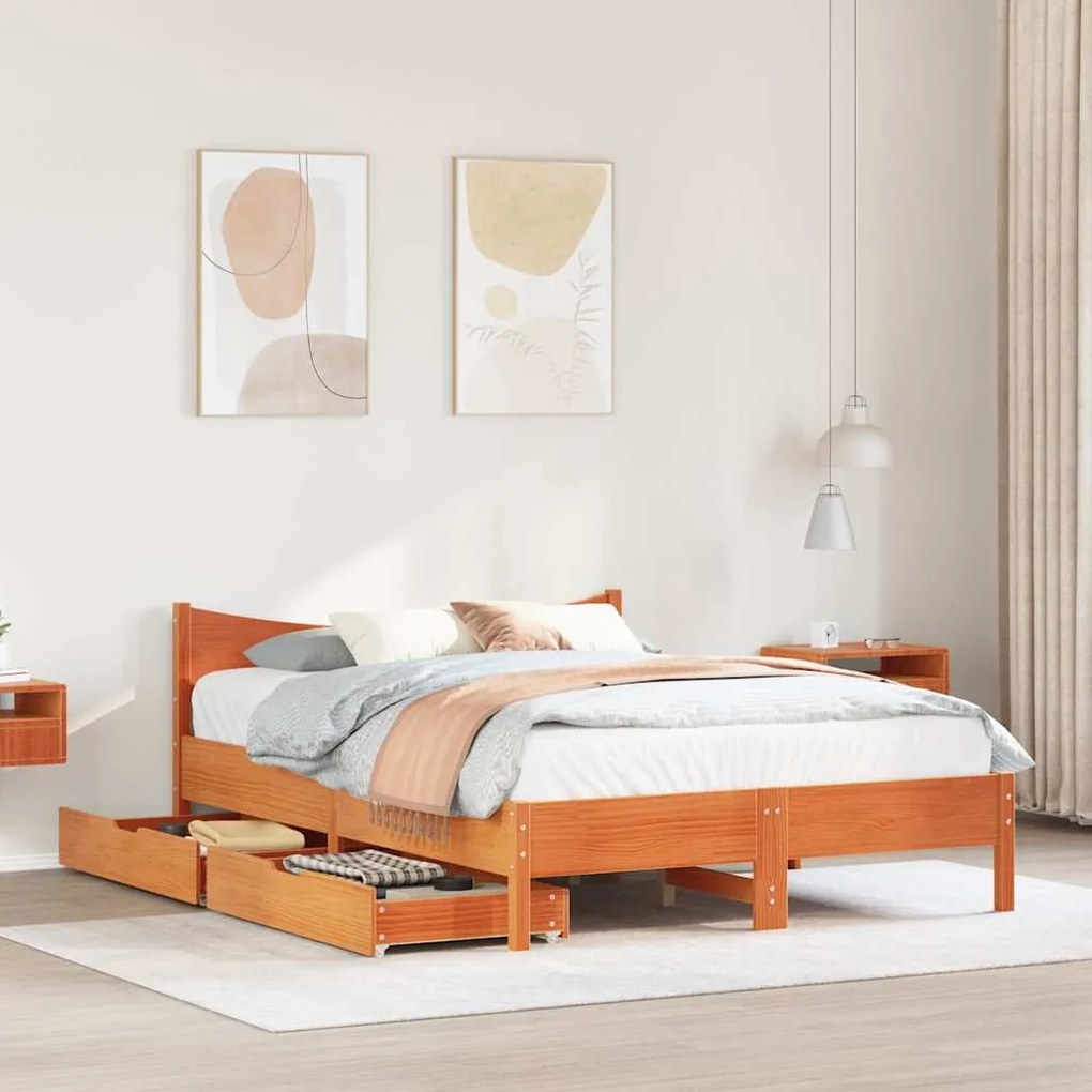 Estrutura cama c/ gavetas 150x200 cm pinho maciço castanho-mel