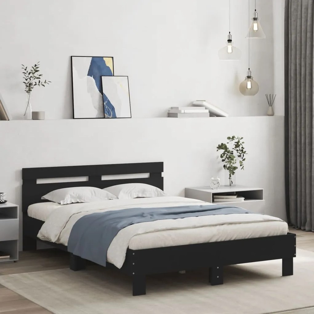 Estrutura de cama com cabeceira e luzes LED 120x190 cm preto