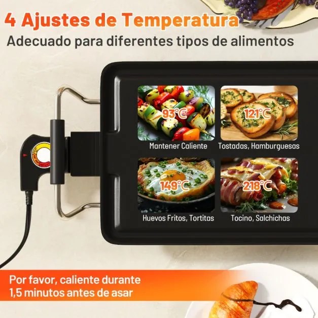 Grelhador elétrica portátil 105x24x10,5 cm com 2 superfícies de cozedura Termostato de 4 níveis e tabuleiro removível
