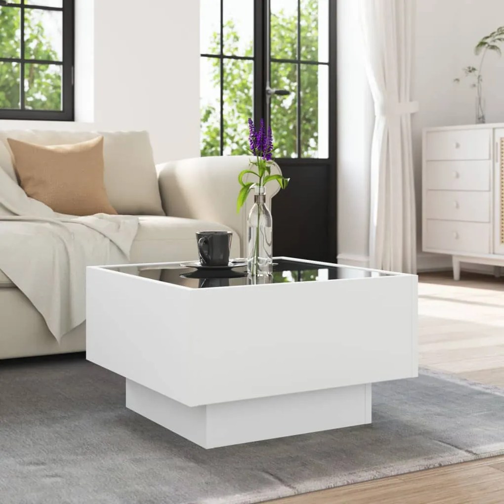 Mesa de centro c/ LEDs 50x50x30 cm derivados de madeira branco