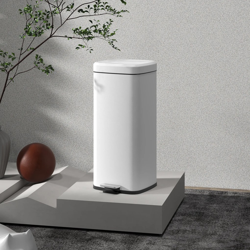Caixote do lixo de cozinha de 30 L com tampa de fecho suave e pedal, balde interior removível, 28 x 35 x 63,5 cm, branco