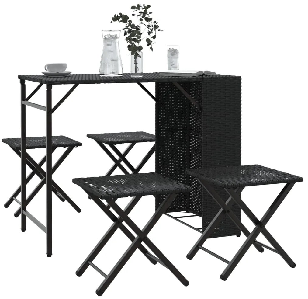 5 pcs conjunto de jantar para jardim dobrável vime PE preto