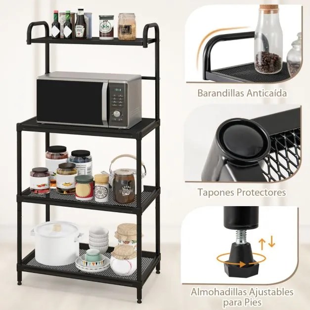 Estante de cozinha com 4 níveis para micro-ondas com estrutura metálica 60 x 34 x 136 cm Preto