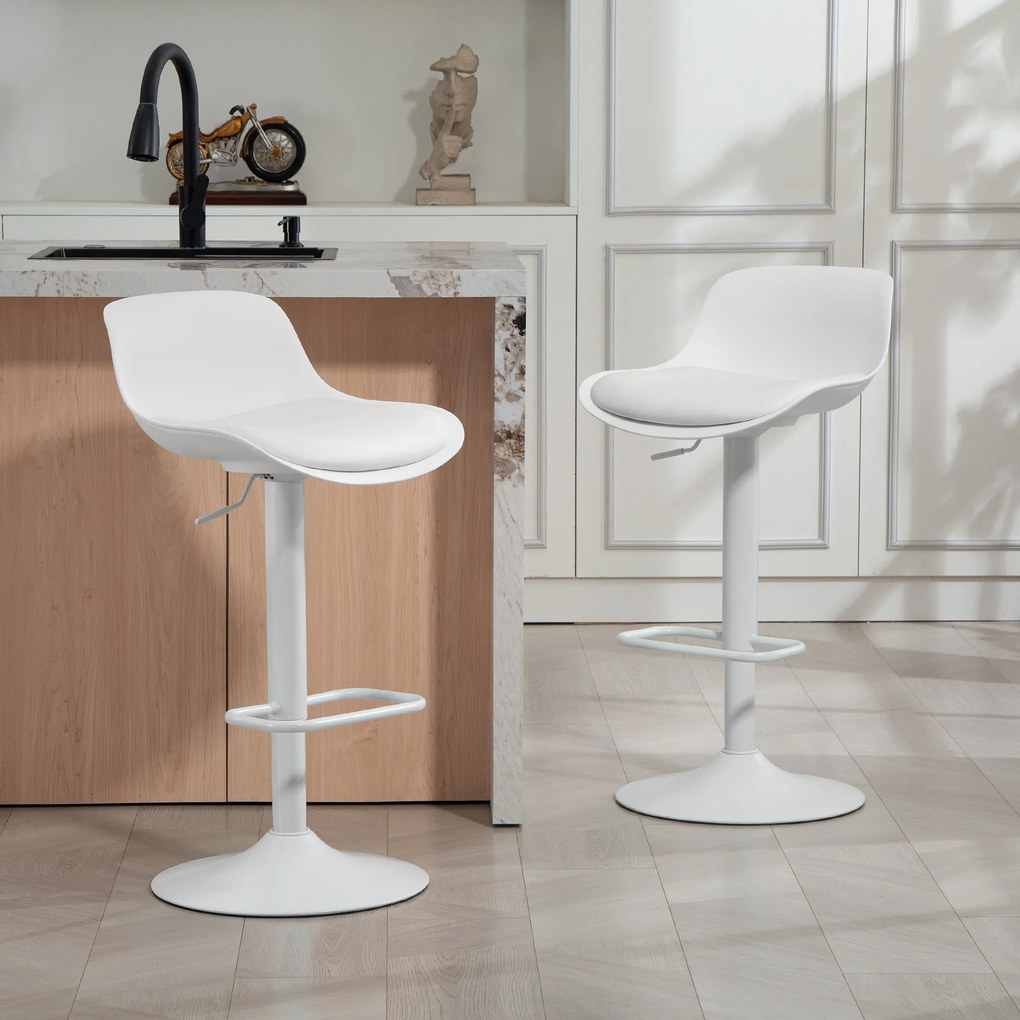 Conjunto de 2 bancos de bar, bancos altos de cozinha com assento giratório e altura ajustável, 43 x 45 x 100 cm, branco