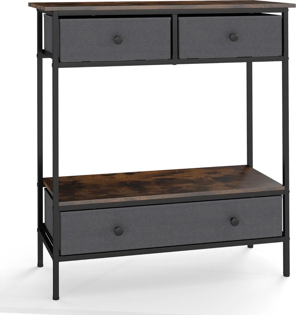 Mesa consola com gavetas tecido 80 x 30 x 85,5 cm com estante aberta estreita com Estrutura metálica Castanho Rústico e Cinza