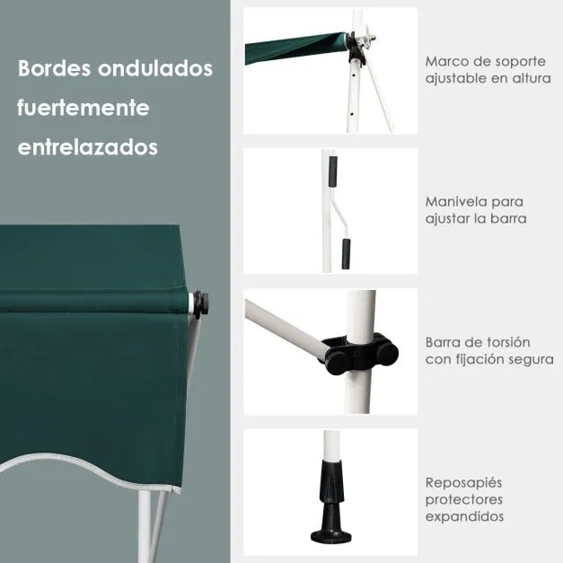 Toldo 400 cm telescópico e retrátil resistente aos raios UV impermeável com manivela altura regulável para janela varanda jardim Verde
