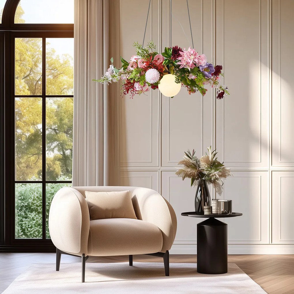 Candeeiro suspenso boémio preto com flores coloridas vermelhas e rosa - Flower Power