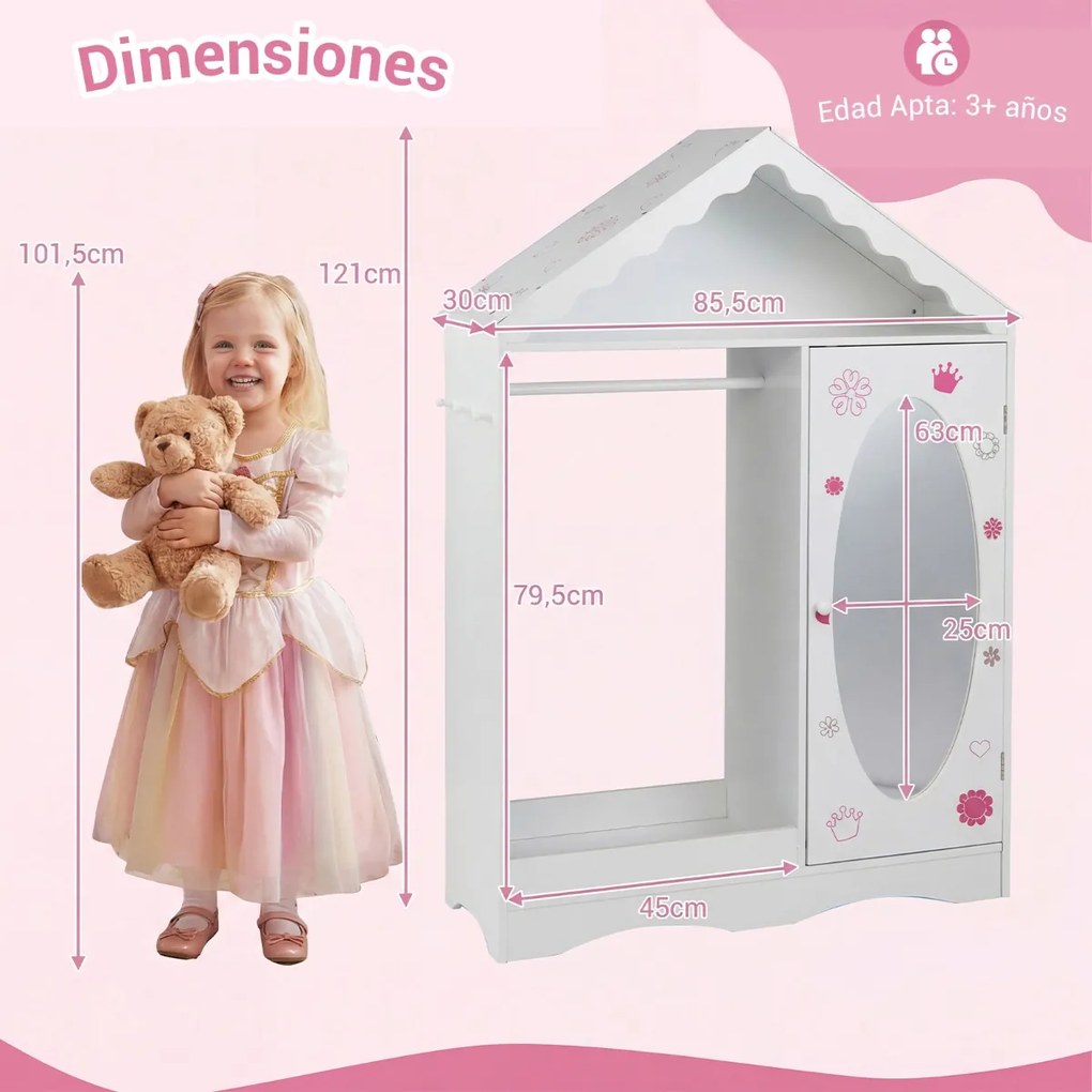 Guarda Roupa infantil 85,5 x 30 x 121 cm com telhado e espelho, com barra para pendurar prateleiras e ganchos, para quarto, sala de jogos, branco