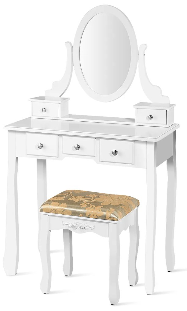 Toucador Mesa de Maquilhagem de Madeira com Banquinho Branco Almofadado de Espelho Oval Rotativo 360°  Branco