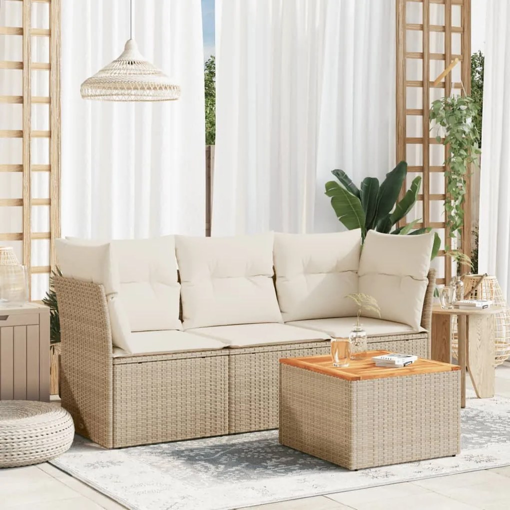 4 pcs conjunto de sofás para jardim c/ almofadões vime PE bege