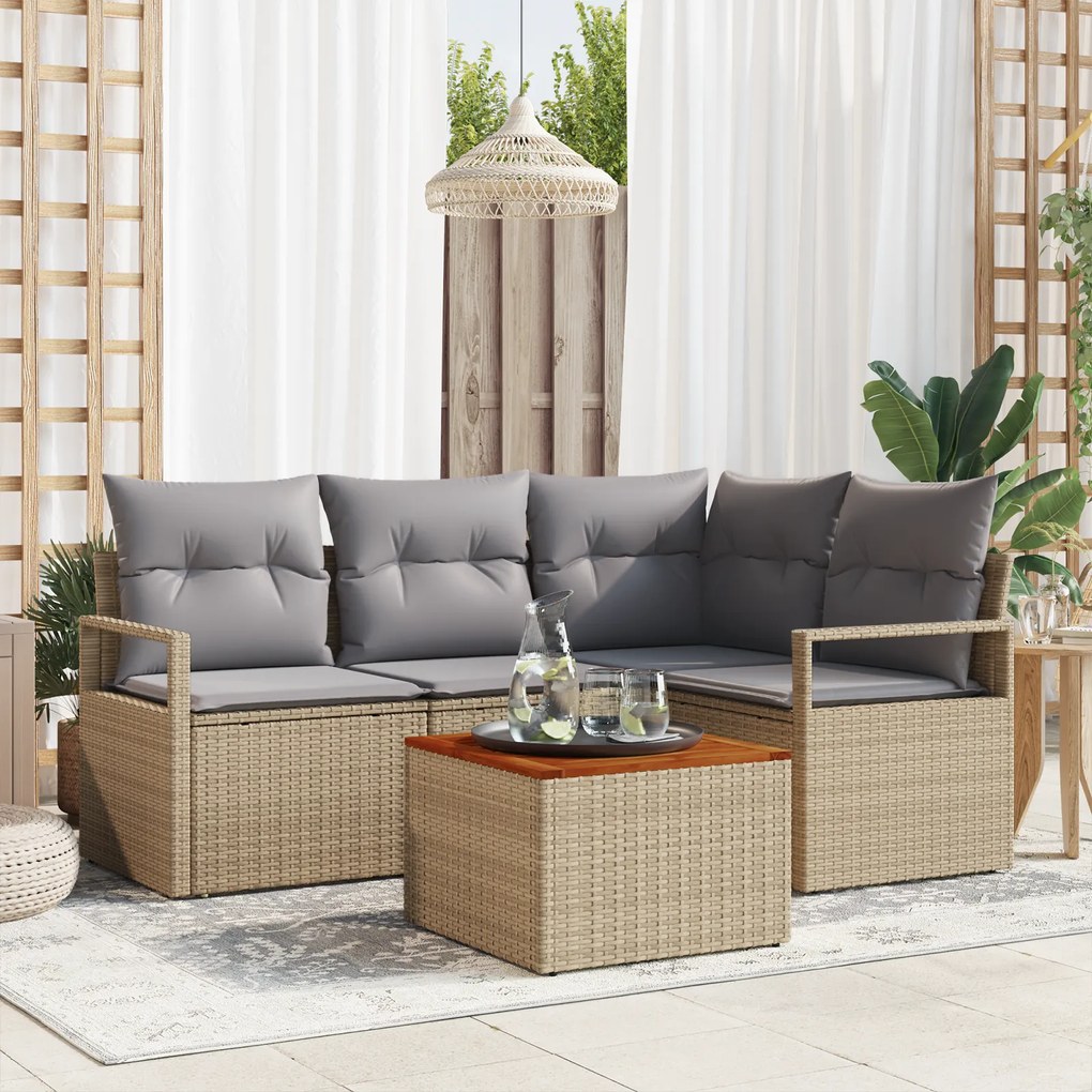 Conjunto de Sofás de Jardim de 5 Peças com Almofadas Bege Polirattan A