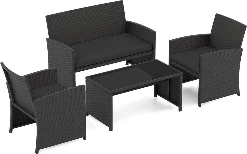 Conjunto de jardim em rattan com 4 peças: sofás de 2 lugares, mesa de vidro temperado e almofadas para exterior, varanda ou piscina, Preto+Preto