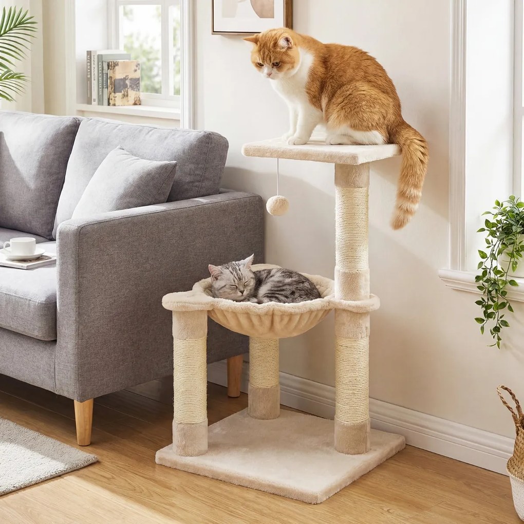 Arranhador para gatos 40 x 40 x 64 cm com rede, postes revestidos a sisal e bola de brincar bege