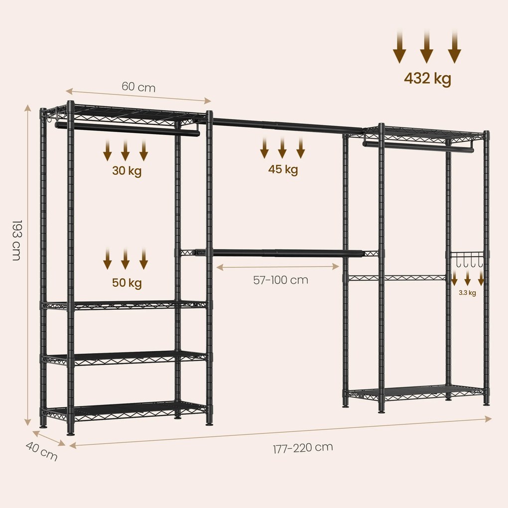 Guarda roupa aberto 40 x (177-220) x 193 cm com ganchos, extensível, com prateleiras ajustáveis e varão aberto para pendurar roupa, preto