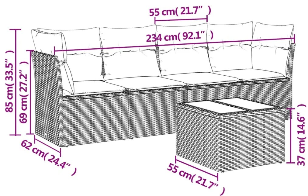 5 pcs conjunto sofás de jardim c/ almofadões vime PE cinzento