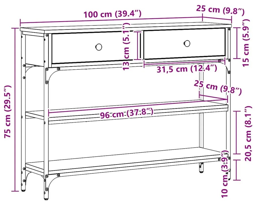 Mesa de Consola vidaXL Preto Carvalho 100x25x75 cm Madeira Engenharia