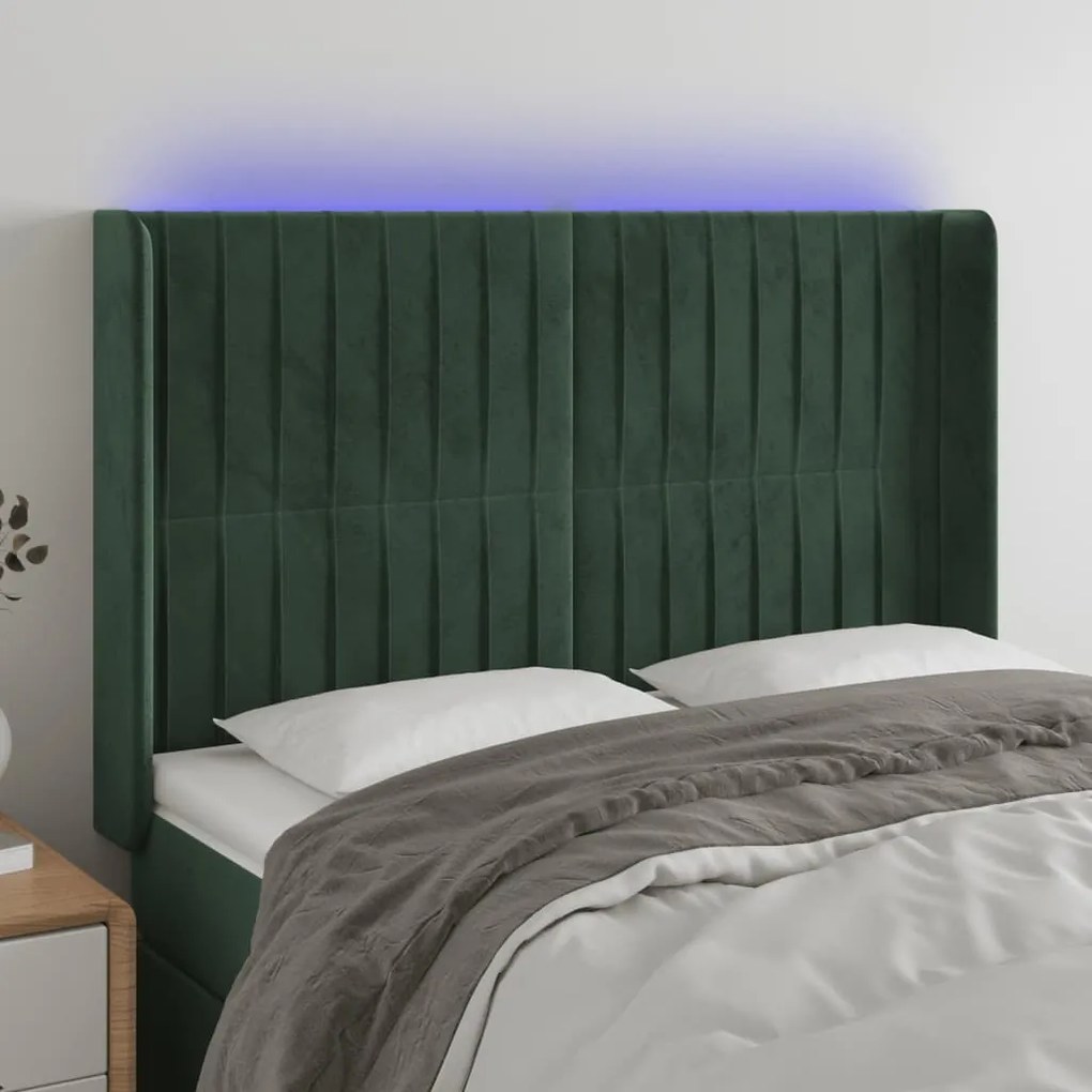 vidaXL Cabeceira de cama c/ LED veludo 147x16x118/128 cm verde-escuro