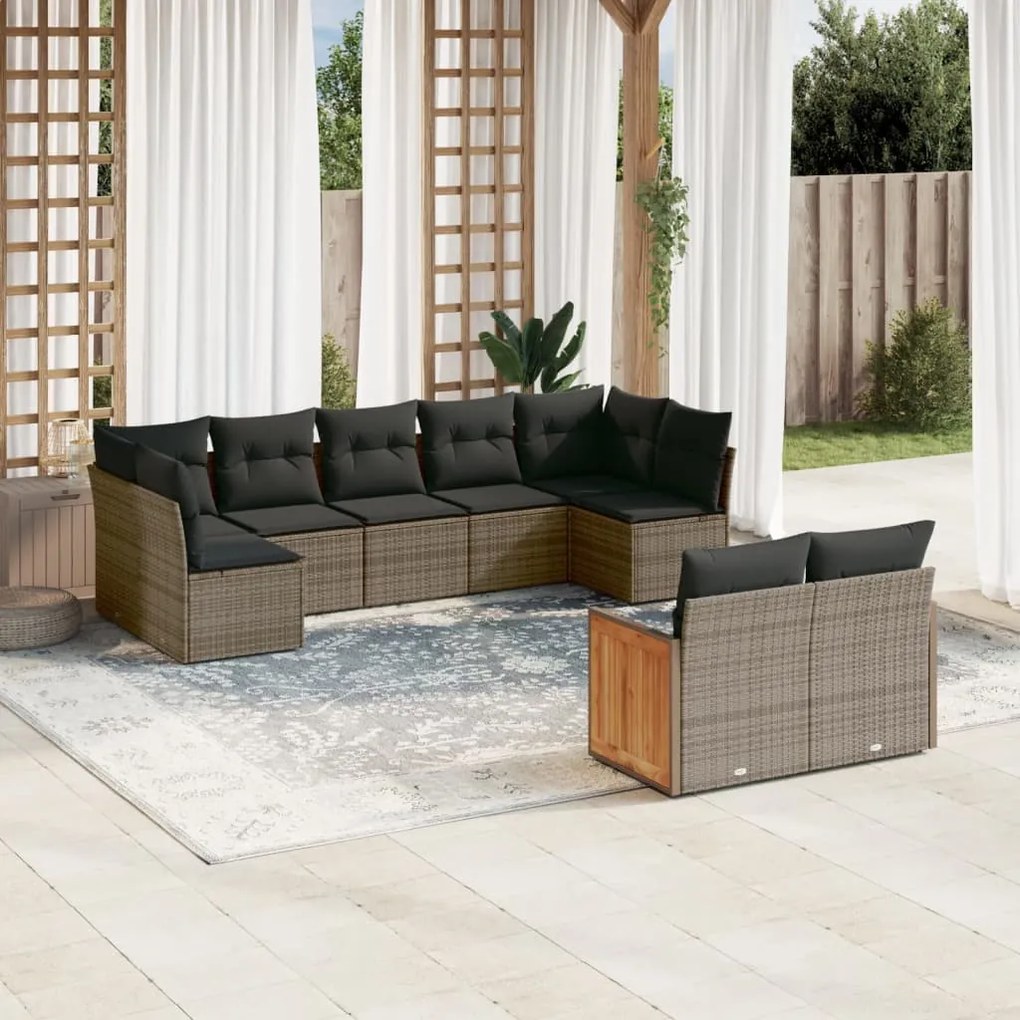 9 pcs conjunto sofás p/ jardim com almofadões vime PE cinzento