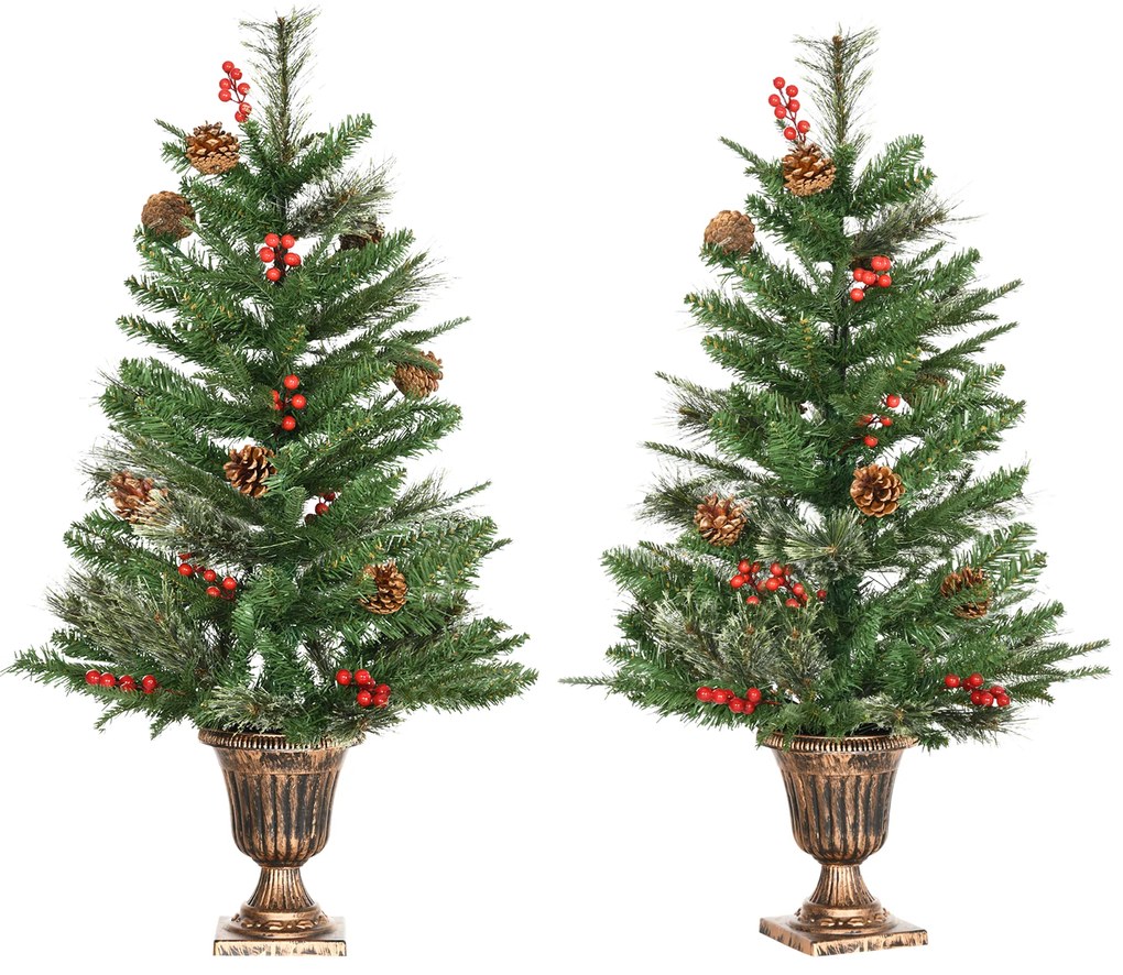 HOMCOM Conjunto de 2 Árvores de Natal Artificial 90cm com Vaso Ignífugo com 110 Ramos 70 Bagas 8 Pinhas e Folhas de PVC Verde