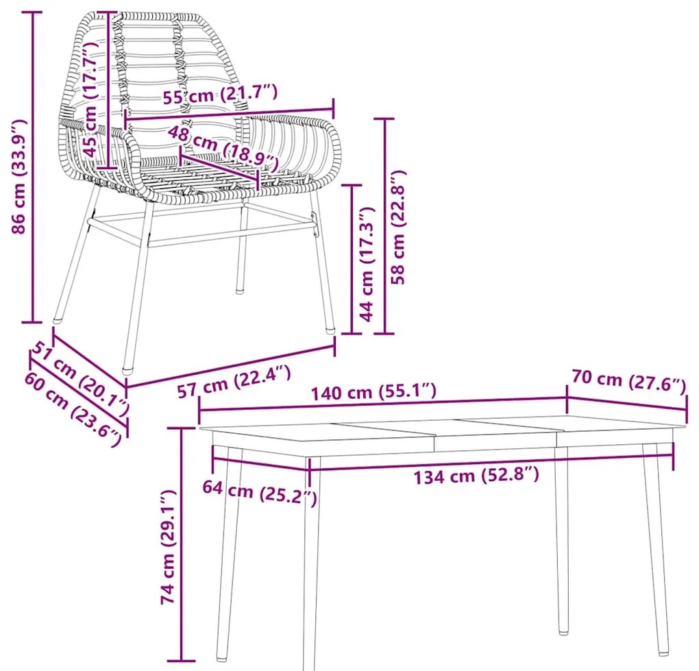 Conjunto de jantar jardim 5 peças vidro vime PE preto