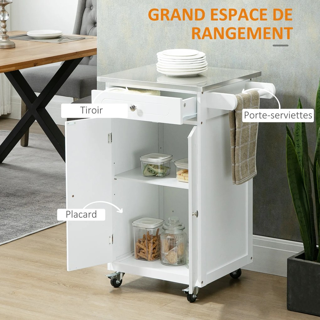 Carrinho de cozinha 60 L x 45 P x 85 A cm com rodas e vários compartimentos: 1 gaveta, armário de 2 portas com prateleira para panos de cozinha, em MD