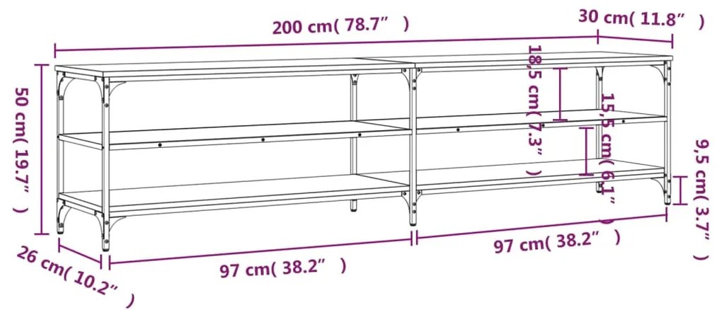 Móvel de TV 200x30x50cm derivados madeira/metal cinzento sonoma