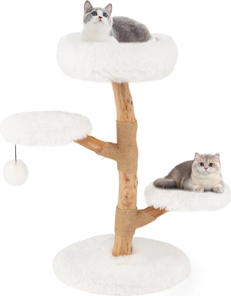Torre para gatos em madeira maciça de pereira 50 x 90 cm (diâmetro x altura) com plataforma, bola suspensa e postes para arranhar brancos
