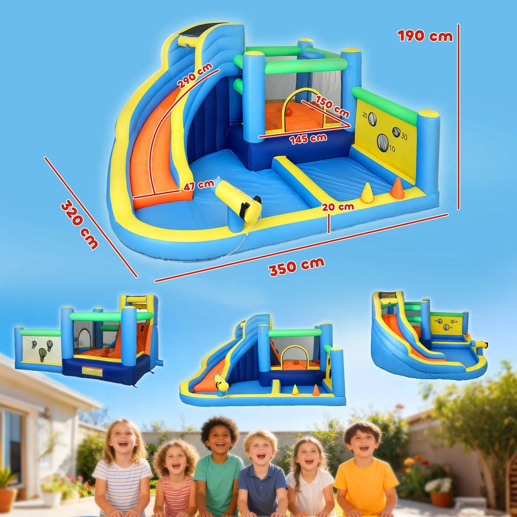 Castelo Insuflável Aquático 8 em 1 com Soprador 550W Escorrega Trampolim Escalada Piscinas Cesto Lançamento de Argolas