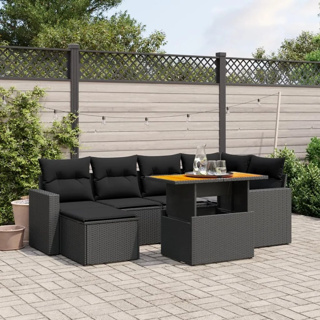 7 pcs conjunto de sofás p/ jardim c/ almofadões vime PE preto