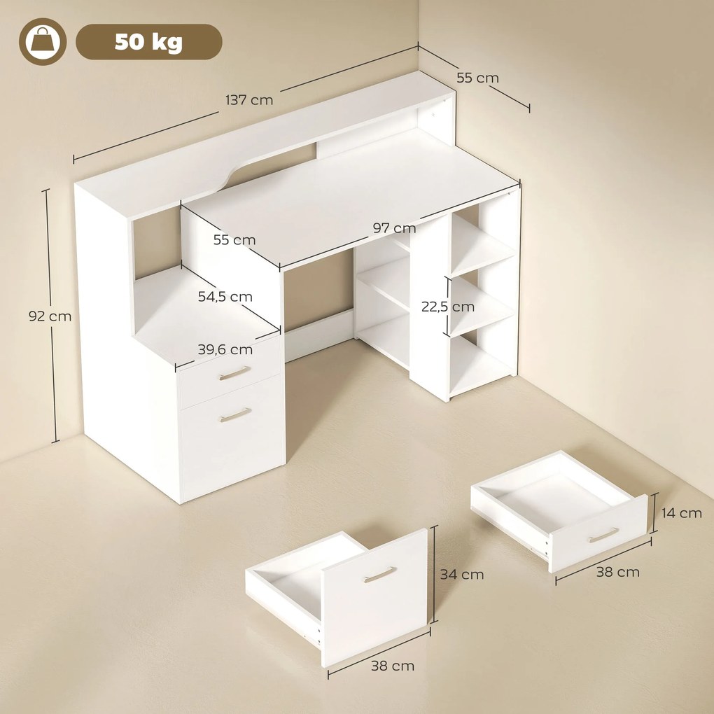 Secretária para computador, secretária com arrumação, 2 gavetas, prateleiras abertas e prateleira para impressora, 137x55x92 cm, branco