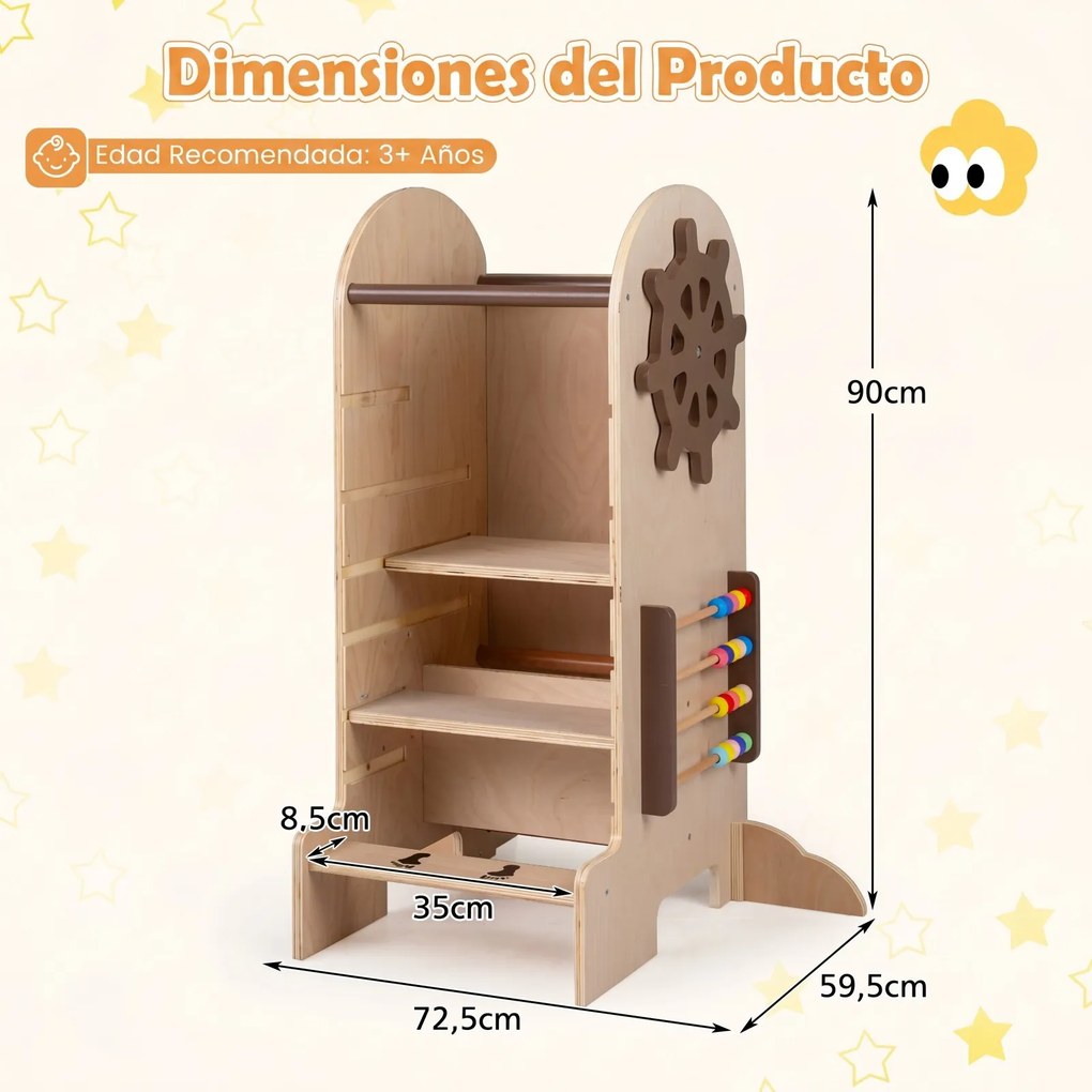 Torre de Aprendizagem Montessori 4 em 1, 72,5 x 59,5 x 90 cm, Altura Regulável, Natural