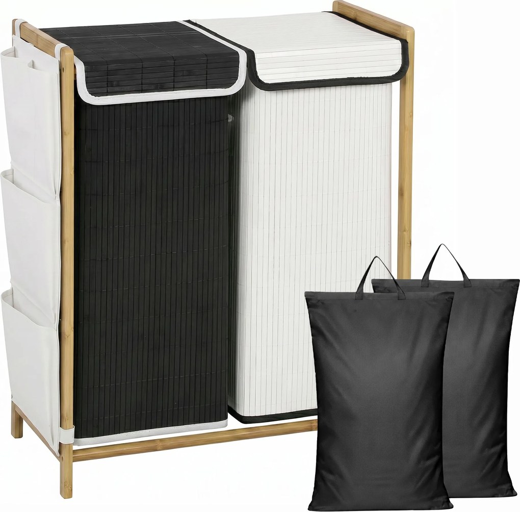 HOMCOM Cesto de Roupa Suja com Tampa 120L de Bambu com 2 Compartimentos Sacos com Cordão Bolsos Laterais Branco e Preto | Aosom Portugal