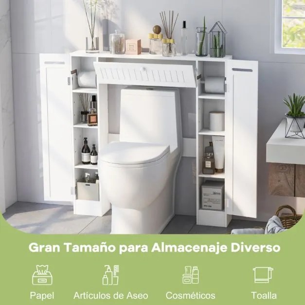 Estante de casa de banho com prateleiras ajustáveis e suporte para papel higiénico Porta articulada 89 x 19,5 x 99 cm Branco