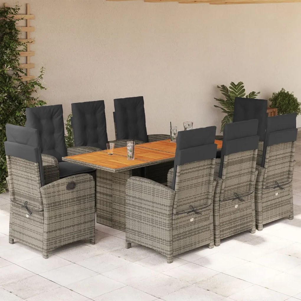 9 pcs conjunto de jantar p/ jardim c/ almofadões vime PE cinza