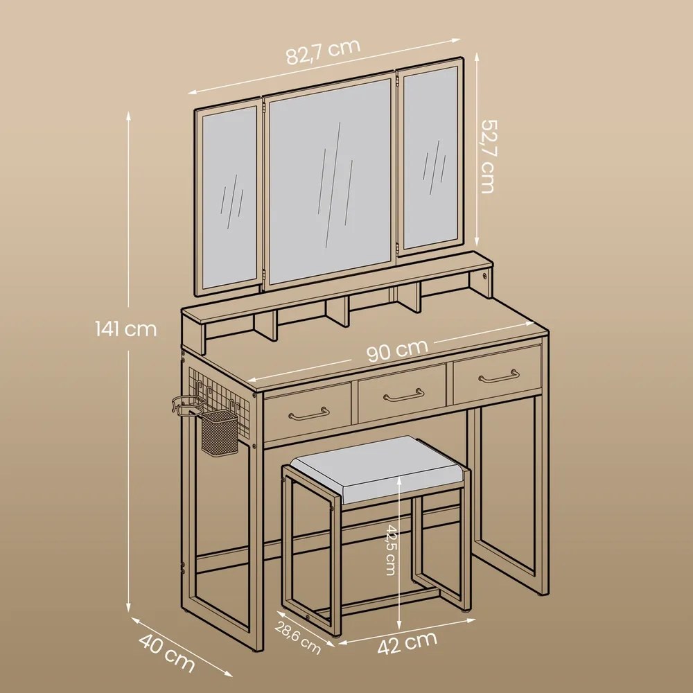 Conjunto toucador com banco estofado com espelho triplo, 3 gavetas 90 x 40 x 141 cm castanho vintage-preto
