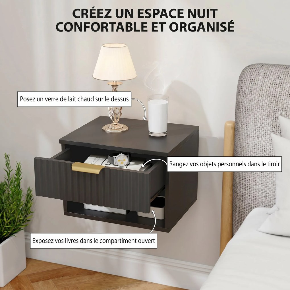 Conjunto de 2 mesas de cabeceira suspensas 40 x 34 x 29 cm, mesas de cabeceira de parede com gaveta e compartimentos abertos, estilo moderno, preto